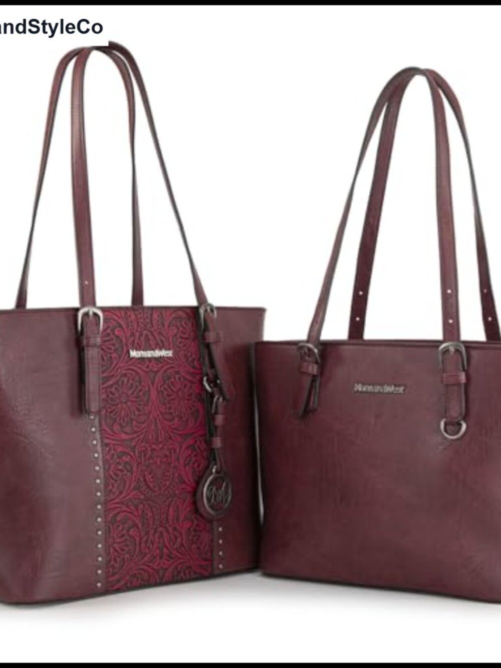 Vegan Leather Tote Bag and Handbag Set with Silver Hardware, Embossed Pattern,